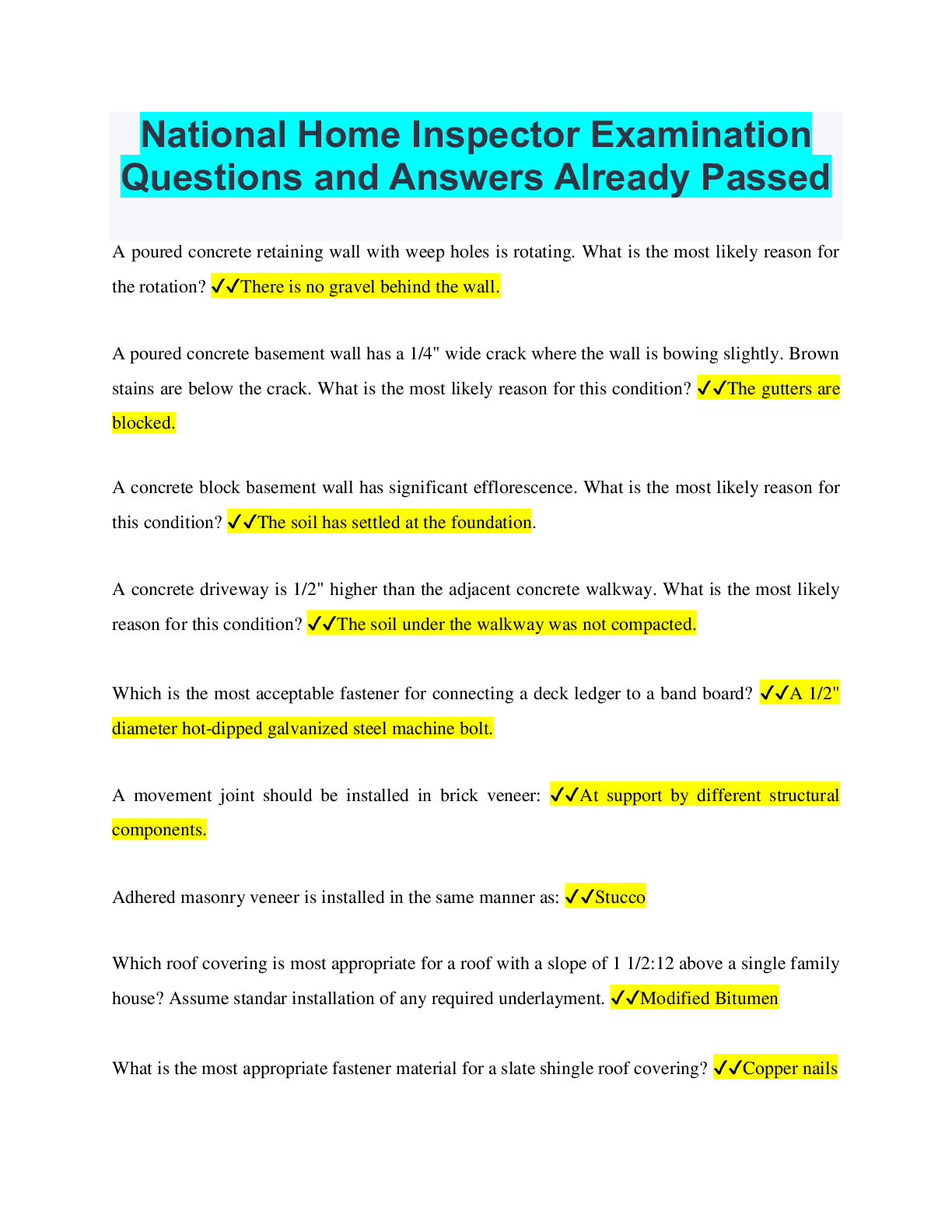 Preview image for National Home Inspector Examination Questions and Answers Already Passed